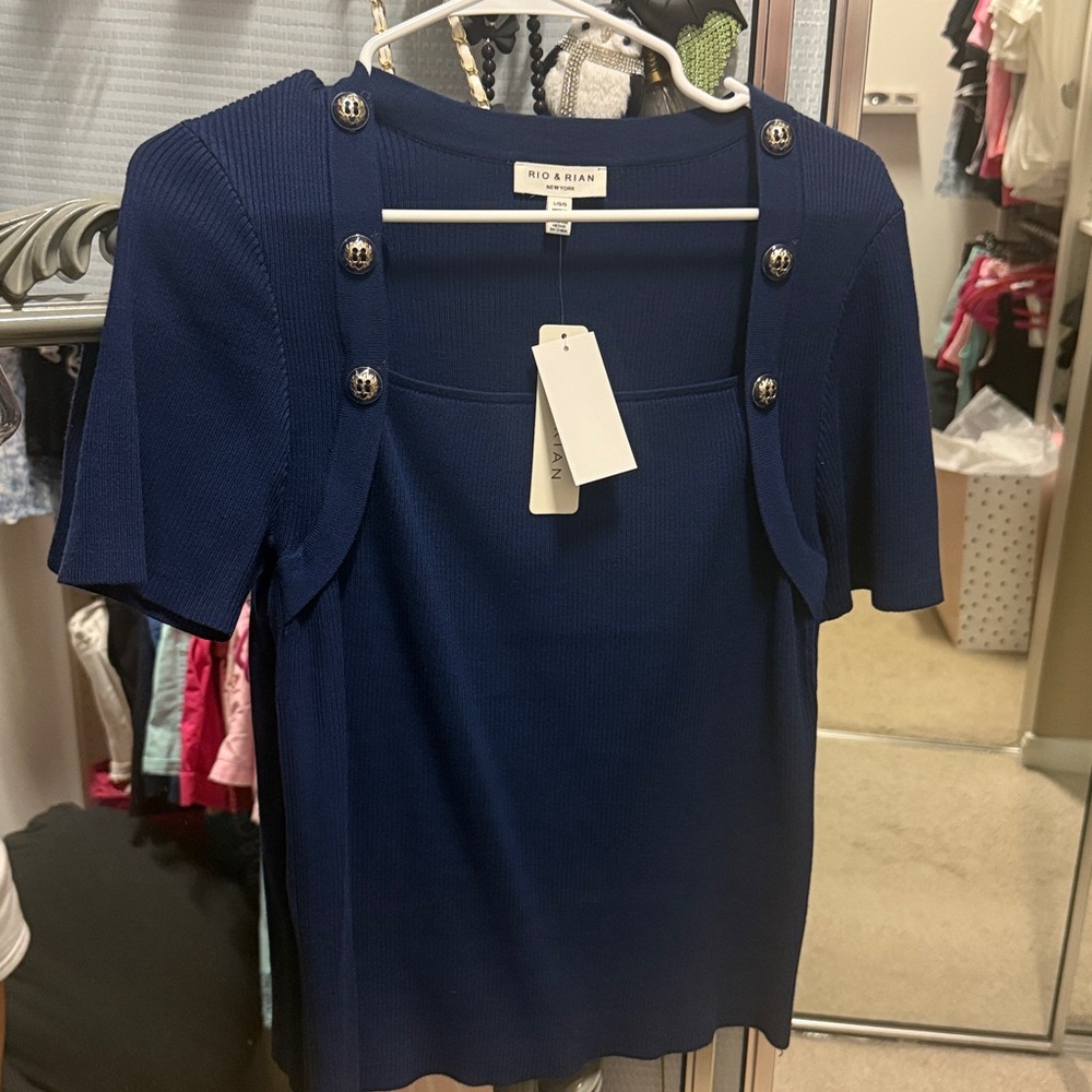Rio & Ryan Navy Blue Top with Gold Button Accents